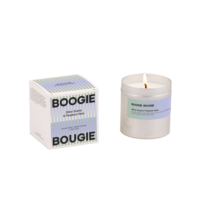 Silver suede & fireplace candle